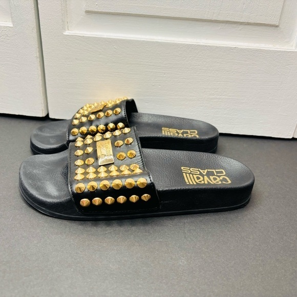 CAVALLI CLASS Black Studded Leather Slides Size 7 - Picture 5 of 7